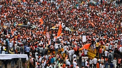 Maratha quota agitation leader Manoj Jarange Patil began his indefinite hunger strike for maratha reservation at Azad Maidan in south Mumbai on Friday. More than 50,000 supporters and members of the community have gathered at the venue in his support. (Photo by Raju Shinde/HT Photo) Maratha quota agitation leader Manoj Jarange Patil began his indefinite hunger strike for maratha reservation at Azad Maidan in south Mumbai on Friday. More than 50,000 supporters and members of the community have gathered at the venue in his support. (Photo by Raju Shinde/HT Photo)