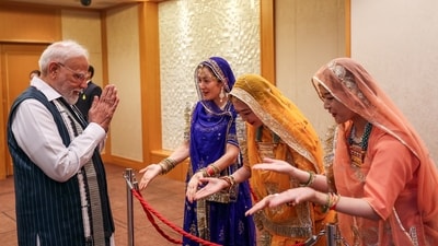PM Modi was welcomed by Japanese Community, dressed up in Rajasthani attire, (DPR PMO) PM Modi was welcomed by Japanese Community, dressed up in Rajasthani attire, (DPR PMO)