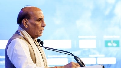 Defence Minister Rajnath Singh was in Noida to inaugurate a private aero engine test facility. (@SpokespersonMoD X/ANI Photo) Defence Minister Rajnath Singh was in Noida to inaugurate a private aero engine test facility. (@SpokespersonMoD X/ANI Photo)