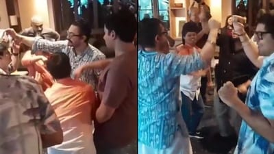 Aamir Khan dancing with Sitaare Zameen Par co-stars at the film's success bash. Aamir Khan dancing with Sitaare Zameen Par co-stars at the film's success bash.