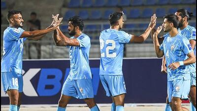 Anwar Ali, second from right, scored for India in the fifth minute against Tajikistan on Friday. (AIFF) Anwar Ali, second from right, scored for India in the fifth minute against Tajikistan on Friday. (AIFF)