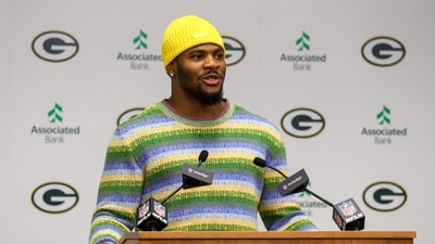Micah Parsons interacts with the press for the first time as a Green Bay Packer. (Getty Images via AFP) Micah Parsons interacts with the press for the first time as a Green Bay Packer. (Getty Images via AFP)