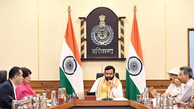Haryana chief minister Nayab Singh Saini during a meeting in Chandigarh on Saturday. (Source:X)