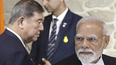 Indian Prime Minister Narendra Modi, right, and Japanese Prime Minister Shigeru Ishiba attend a luncheon at a hotel in Sendai, Japan. (AP) Indian Prime Minister Narendra Modi, right, and Japanese Prime Minister Shigeru Ishiba attend a luncheon at a hotel in Sendai, Japan. (AP)