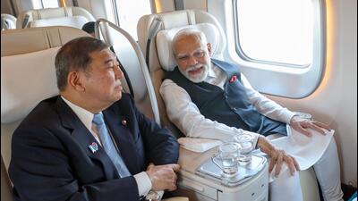 Modi posted images on social media of the two PMs seated together in the train capable of running at speeds of up to 320 kmph. (@narendramodi) Modi posted images on social media of the two PMs seated together in the train capable of running at speeds of up to 320 kmph. (@narendramodi)