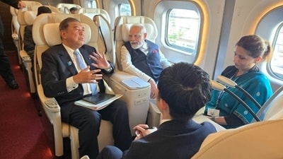 PM Modi and Japanese PM Shigeru Ishiba were headed to Sendai city in Japan aboard the bullet train. (X/@shigeruishiba) PM Modi and Japanese PM Shigeru Ishiba were headed to Sendai city in Japan aboard the bullet train. (X/@shigeruishiba)