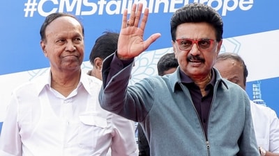 Tamil Nadu Chief Minister M.K. Stalin with DMK leader T.R. Baalu as he leaves for a week-long trip to Germany and the UK to attract investments to the state, at Chennai Airport (PTI)