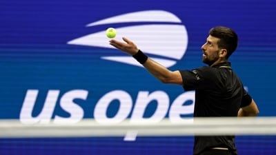 Novak Djokovic serves to Cameron Norrie during the third round of the US Open. (AP) Novak Djokovic serves to Cameron Norrie during the third round of the US Open. (AP)