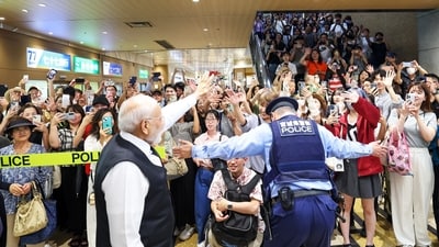 Prime Minister Narendra Modi waves as he is being greeted by the locals and Indian diaspora upon his arrival, in Sendai on Saturday. (PMO/ANI) Prime Minister Narendra Modi waves as he is being greeted by the locals and Indian diaspora upon his arrival, in Sendai on Saturday. (PMO/ANI)