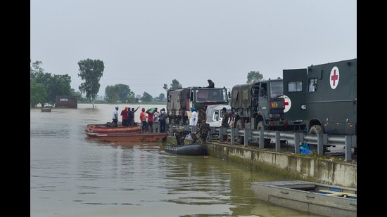 Army personnel during a rescue and evacuation operation at a flood-affected village, in Kapurthala district, Punjab, Saturday, Aug. 30, 2025. (PTI)