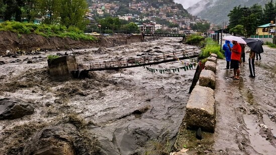 Sarvari river in spate after a cloudburst, in Kullu district, Himachal Pradesh, on August 19, 2025. (PTI file)