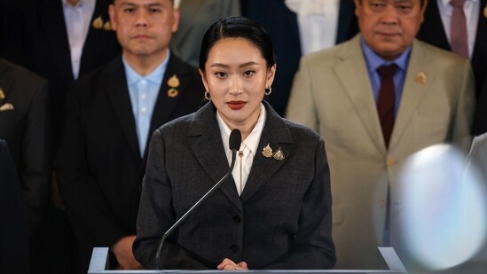 Paetongtarn Shinawatra, former Thailand prime minister, speaks to members of the media following her dismissal by the Constitutional Court. (Bloomberg)