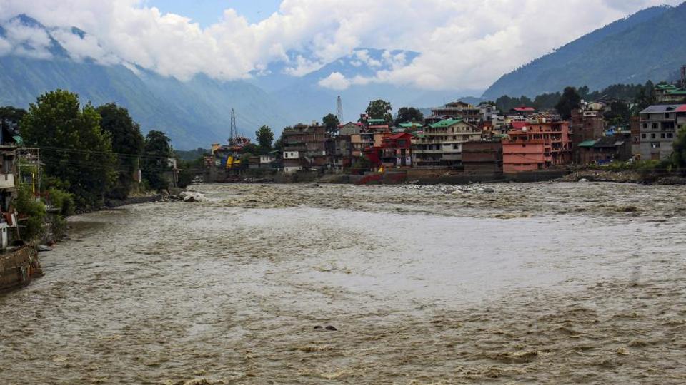 The Beas river flowing in spate after heavy rainfall in Kullu district of Himachal Pradesh on Friday evening. (PTI Photo) The Beas river flowing in spate after heavy rainfall in Kullu district of Himachal Pradesh on Friday evening. (PTI Photo)
