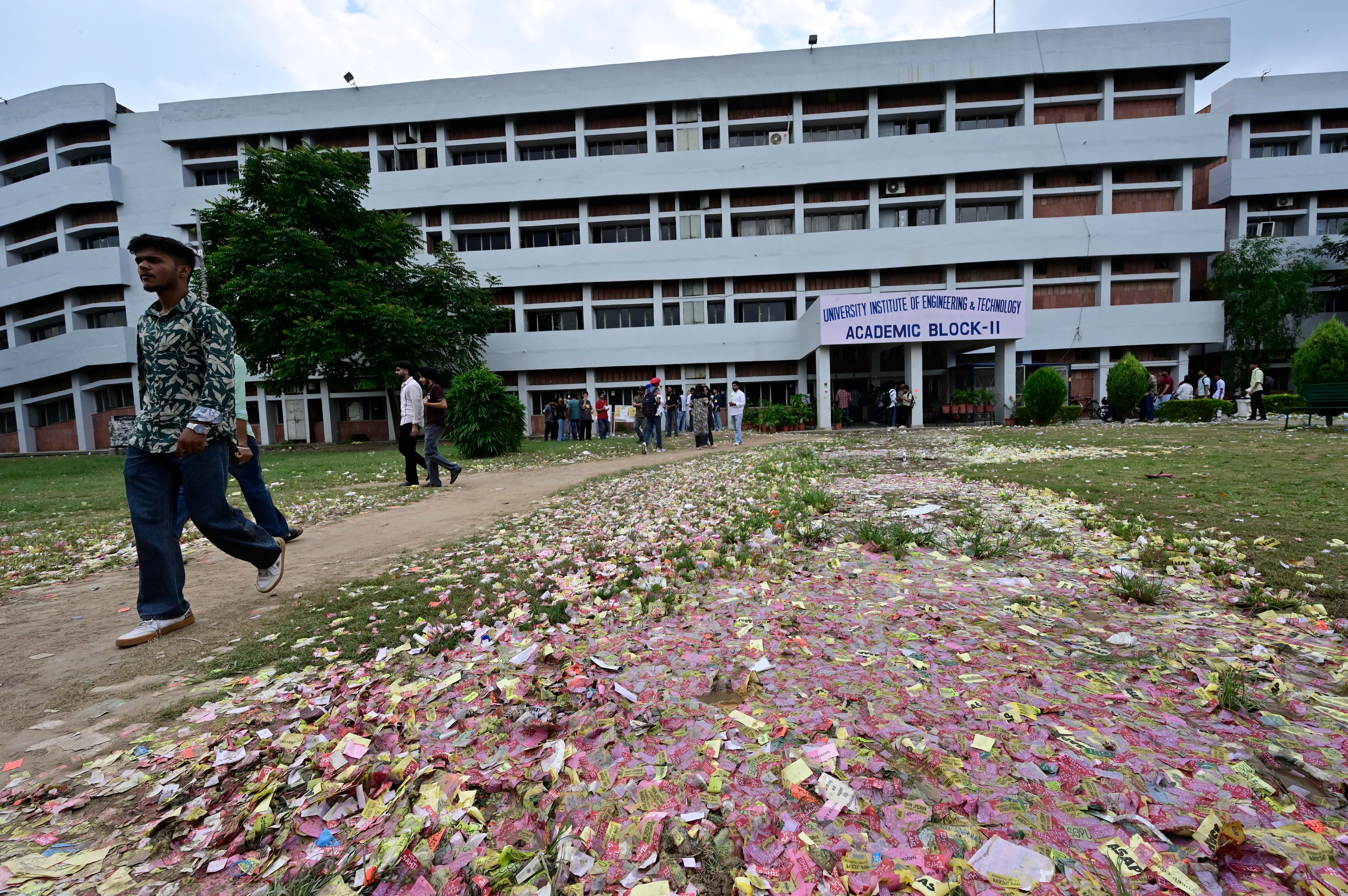 The heap of stickers near UIET (South Campus). (Ravi Kumar/HT) The heap of stickers near UIET (South Campus). (Ravi Kumar/HT)