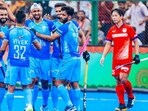 Indian players celebrate their 3-2 Group A win over Japan in the Asia Cup in Rajgir, Bihar on Sunday. (Hockey India)