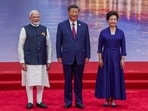 Prime Minister Narendra Modi, Chinese President Xi Jinping, and his wife Peng Liyuan at the official reception for Heads of States and Heads of Governments at the SCO, in Tianjin on Sunday.