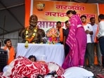 NCP (SP) MP Supriya Sule meets Maratha quota agitation leader Manoj Jarange during his hunger strike for the third day, in Mumbai, Sunday, Aug. 31, 2025. 