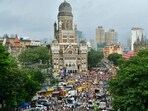 Supporters of Maratha quota activist Manoj Jarange, who is on a hunger strike demanding Maratha reservation, gather outside the Brihanmumbai Municipal Corporation (BMC) headquarters to join his agitation, in Mumbai, Sunday, Aug. 31, 2025. 