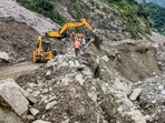 Repair and restoration work underway after a landslide damaged part of Kiratpur-Manali Highway near Pandoh, in Mandi district, Himachal Pradesh, on Saturday. 