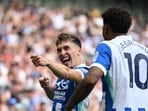 Brighton & Hove Albion's Brajan Gruda celebrates scoring their second goal