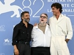 Oscar Isaac, Mexican director and producer Guillermo Del Toro (C) and US actor Jacob Elordi (R) attend the photocall of Frankenstein. (Photo by Stefano RELLANDINI / AFP) Oscar Isaac, Mexican director and producer Guillermo Del Toro (C) and US actor Jacob Elordi (R) attend the photocall of Frankenstein. (Photo by Stefano RELLANDINI / AFP)
