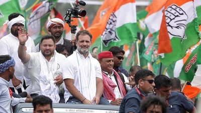 Leader of Opposition in the Lok Sabha and Congress leader Rahul Gandhi, with former Uttar Pradesh Chief Minister Akhilesh Yadav, and RJD leader Tejashwi Yadav, during Voter Adhikar Yatra on Saturday. (Hindustan Times)