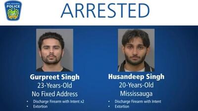 An image of the two persons arrested in connection with a shooting incident in the Greater Toronto Area linked to extortion. (Credit: Peel Regional Police) An image of the two persons arrested in connection with a shooting incident in the Greater Toronto Area linked to extortion. (Credit: Peel Regional Police)