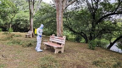 An official sanitizes premises of the National Zoologic Park in New Delhi on Sunday. (PTI) An official sanitizes premises of the National Zoologic Park in New Delhi on Sunday. (PTI)