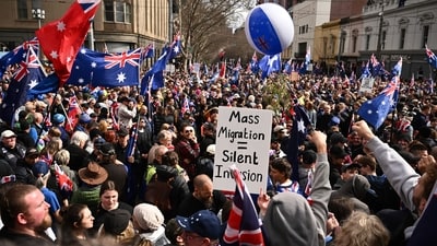 Demonstrators during the March for Australia anti-immigration rally in Melbourne on Sunday. ((Joel Carrett/AAP via AP)) Demonstrators during the March for Australia anti-immigration rally in Melbourne on Sunday. ((Joel Carrett/AAP via AP))