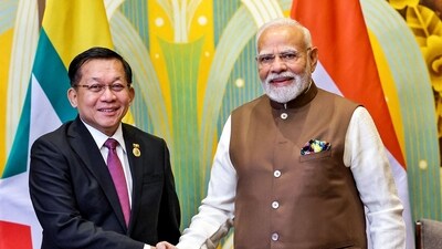 Prime Minister Narendra Modi and Myanmar's junta chief Min Aung Hlaing shake hands during a bilateral meeting on the sidelines of the Shanghai Cooperation Organisation (SCO) summit in Tianjin. (AFP) Prime Minister Narendra Modi and Myanmar's junta chief Min Aung Hlaing shake hands during a bilateral meeting on the sidelines of the Shanghai Cooperation Organisation (SCO) summit in Tianjin. (AFP)