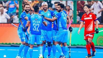 Indian players celebrate their 3-2 Group A win over Japan in the Asia Cup in Rajgir, Bihar on Sunday. (Hockey India) Indian players celebrate their 3-2 Group A win over Japan in the Asia Cup in Rajgir, Bihar on Sunday. (Hockey India)