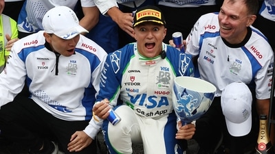 Isack Hadjar celebrates with his team after finishing third place in the Dutch Grand Prix (REUTERS)