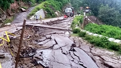 Kathua: Damaged road following a cloudburst, in Kathua, Sunday, Aug. 17, 2025. (PTI) Kathua: Damaged road following a cloudburst, in Kathua, Sunday, Aug. 17, 2025. (PTI)