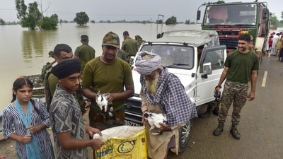 Army personnel and locals carry rescued rabbits at a flood-affected village, in Kapurthala (PTI) Army personnel and locals carry rescued rabbits at a flood-affected village, in Kapurthala (PTI)