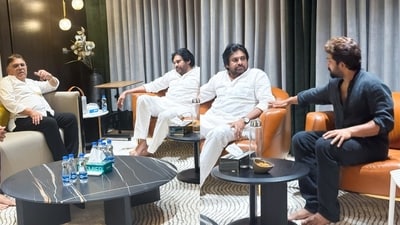 Pawan Kalyan visits Allu Arjun and Allu Arvind's house to offer condolences. Pawan Kalyan visits Allu Arjun and Allu Arvind's house to offer condolences.