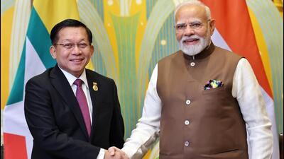 Prime Minister Narendra Modi holds bilateral meeting with the acting President and military chief of Myanmar, Senior General Min Aung Hlaing on SCO sidelines, in Tianjin on Sunday. (DPR PMO) Prime Minister Narendra Modi holds bilateral meeting with the acting President and military chief of Myanmar, Senior General Min Aung Hlaing on SCO sidelines, in Tianjin on Sunday. (DPR PMO)