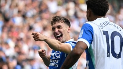 Brighton & Hove Albion's Brajan Gruda celebrates scoring their second goal (REUTERS)