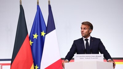 French President Emmanuel Macron spoke about the Ukraine war during a joint news conference with German Chancellor Friedrich Merz. (REUTERS)