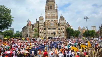 Mumbai: Supporters of activist Manoj Jarange Patil, who is on hunger strike demanding Maratha reservation, gather outside Chhatrapati Shivaji Maharaj Terminus on Saturday (PTI) Mumbai: Supporters of activist Manoj Jarange Patil, who is on hunger strike demanding Maratha reservation, gather outside Chhatrapati Shivaji Maharaj Terminus on Saturday (PTI)