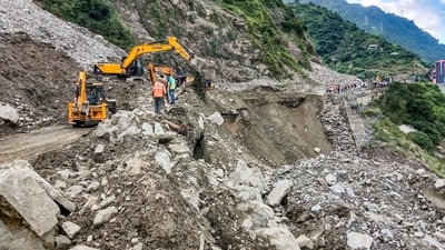 Repair and restoration work underway after a landslide damaged part of Kiratpur-Manali Highway near Pandoh, in Mandi district, Himachal Pradesh, on Saturday. (PTI) Repair and restoration work underway after a landslide damaged part of Kiratpur-Manali Highway near Pandoh, in Mandi district, Himachal Pradesh, on Saturday. (PTI)