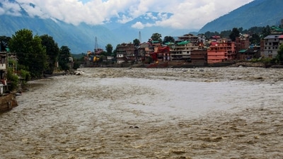 Beas river flows in spate after heavy monsoon rainfall, in Kullu district, Himachal Pradesh (PTI) Beas river flows in spate after heavy monsoon rainfall, in Kullu district, Himachal Pradesh (PTI)