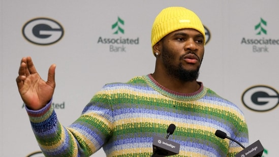 GREEN BAY, WISCONSIN - AUGUST 29: Former Dallas Cowboy Micah Parsons speaks to the media during a press conference, after being traded to the Green Bay Packers, at Lambeau Field on August 29, 2025 in Green Bay, Wisconsin. Jayden Mack/Getty Images/AFP (Photo by Jayden Mack / GETTY IMAGES NORTH AMERICA / Getty Images via AFP) (Getty Images via AFP)