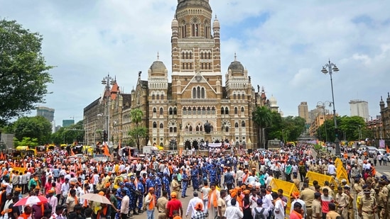 Mumbai: Supporters of activist Manoj Jarange Patil, who is on hunger strike demanding Maratha reservation, gather outside Chhatrapati Shivaji Maharaj Terminus on Saturday (PTI)