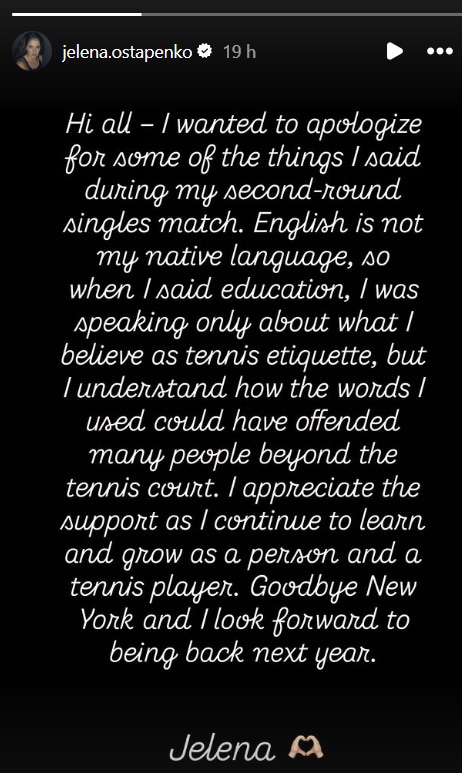 Jelena Ostapenko issued an apology on Instagram Stories. (Instagram/@jelena.ostapenko) Jelena Ostapenko issued an apology on Instagram Stories. (Instagram/@jelena.ostapenko)