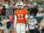 Miami Hurricanes quarterback Carson Beck (11) during the first quarter at Hard Rock Stadium.