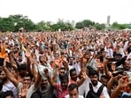 Supporters of Manoj Jarange Patil, during Maratha reservation protest at Azad Maidan, in Mumbai, India, on Sunday,