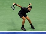 Novak Djokovic of Serbia in action against Jan-Lennard Struff of Germany in the fourth round of the men’s singles at the US Open