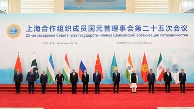 Leaders of SCO members nations pose during a photo session with Chinese President Xi Jinping, at the Meijiang Convention and Exhibition Centre in Tianjin, China. (via REUTERS)
