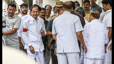 Former Telangana Chief Minister K Chandrashekar Rao appears before the Justice PC Ghose Commission, which is probing alleged irregularities in the Kaleshwaram Lift Irrigation Project, in Hyderabad. (PTI PHOTO) Former Telangana Chief Minister K Chandrashekar Rao appears before the Justice PC Ghose Commission, which is probing alleged irregularities in the Kaleshwaram Lift Irrigation Project, in Hyderabad. (PTI PHOTO)