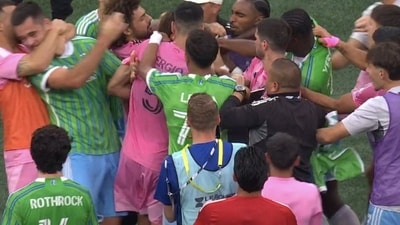 Inter Miami and Seattle Sounders players clash in a fiery post-match brawl. (X Image) Inter Miami and Seattle Sounders players clash in a fiery post-match brawl. (X Image)